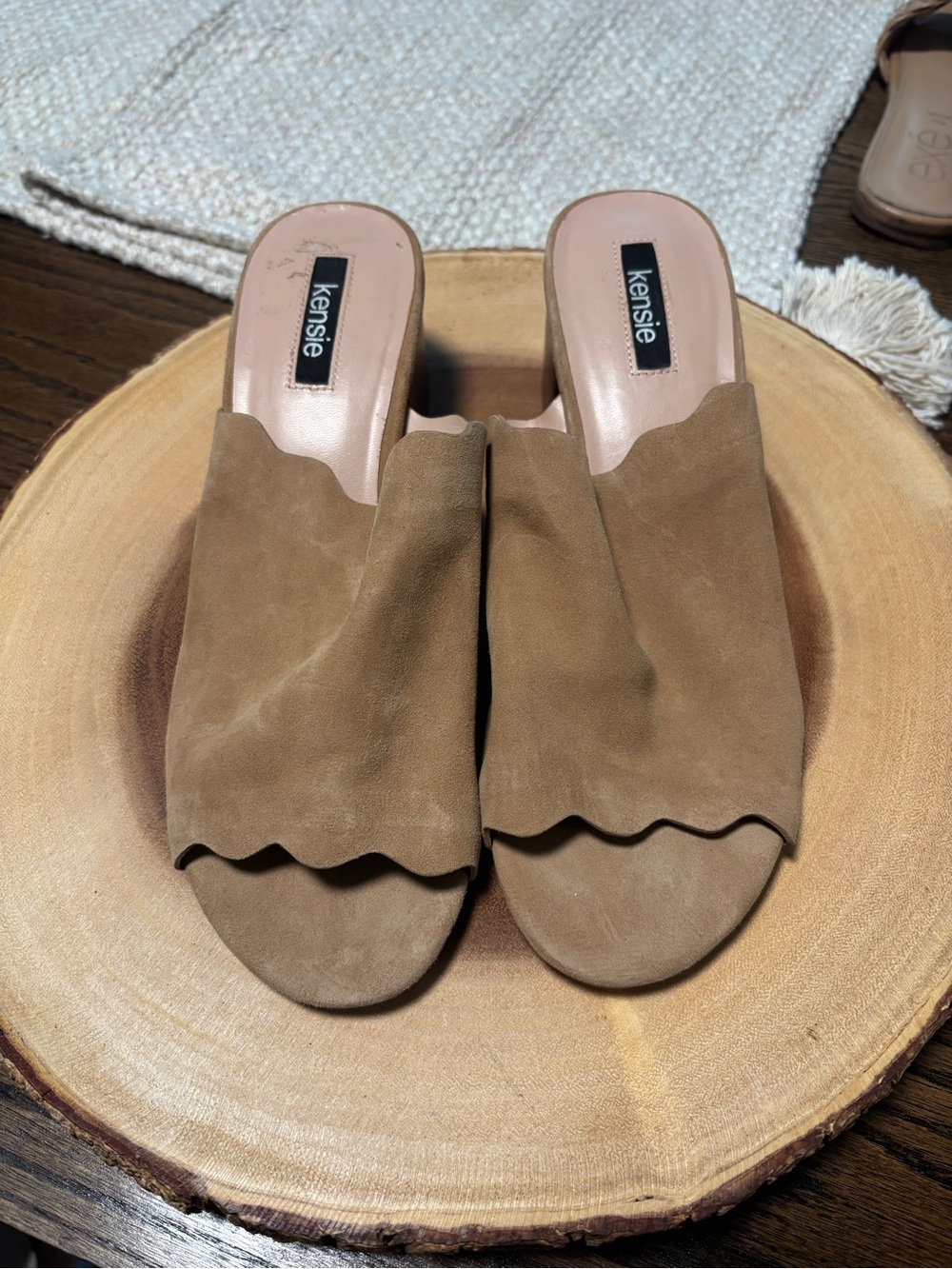 Kensie Tan Suede Scallop-Edge Slide Mules